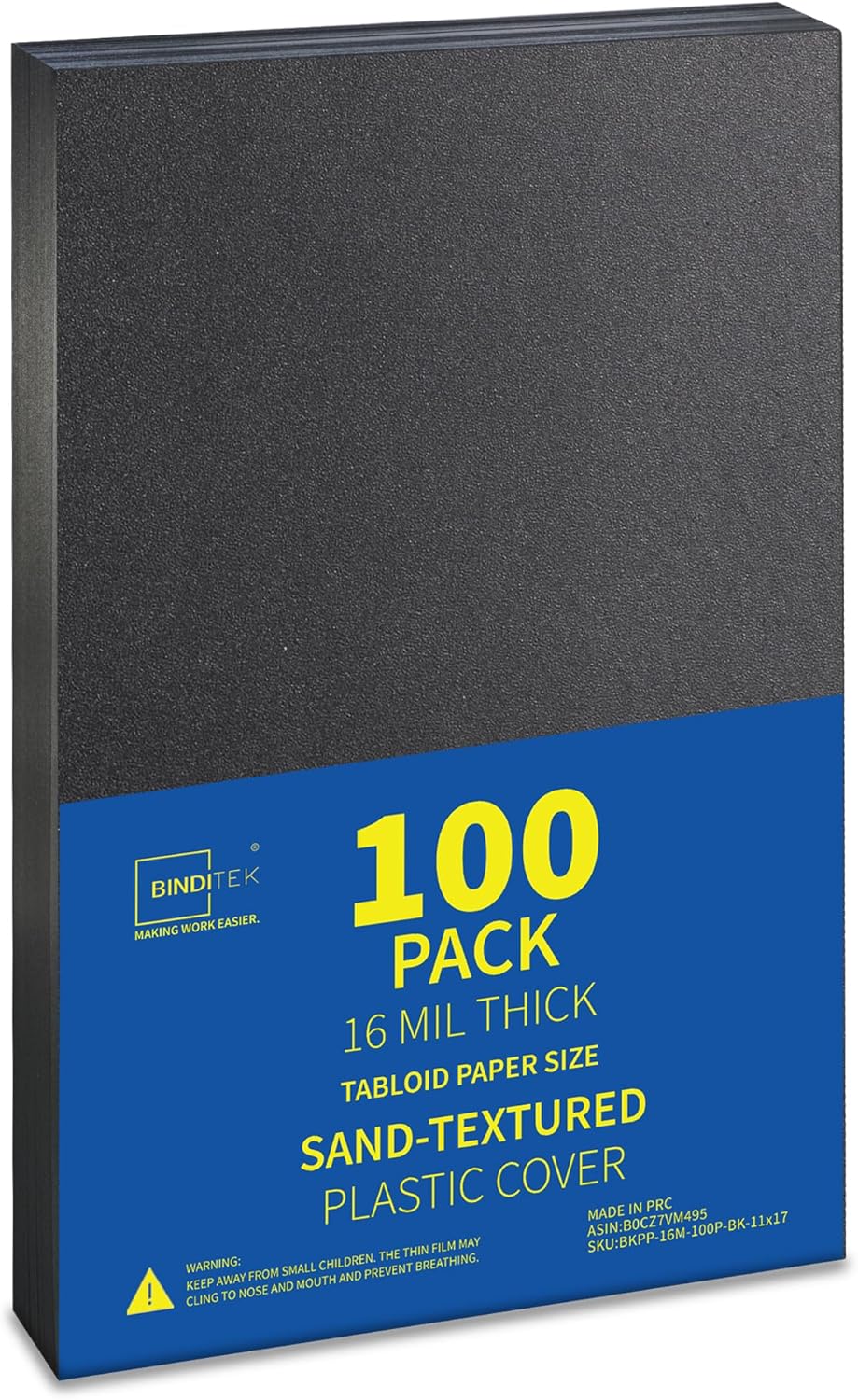 Binditek 100 Pack 16 Mil Sand-Textured Polycover, 11 x 17 Inches Binding Front and Back Covers, Lightly Sanded Finish, Heavyduty Presentation Covers, Tabloid, Black