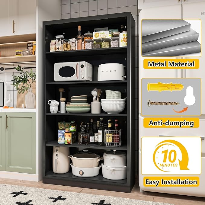 Metal Bookshelf, Adjustable Bookshelves and Bookcases, 5 Shelf Bookcase with Backboard, Black Book Shelf Book Cases for Office, Living Room, Bedroom, Home, Library