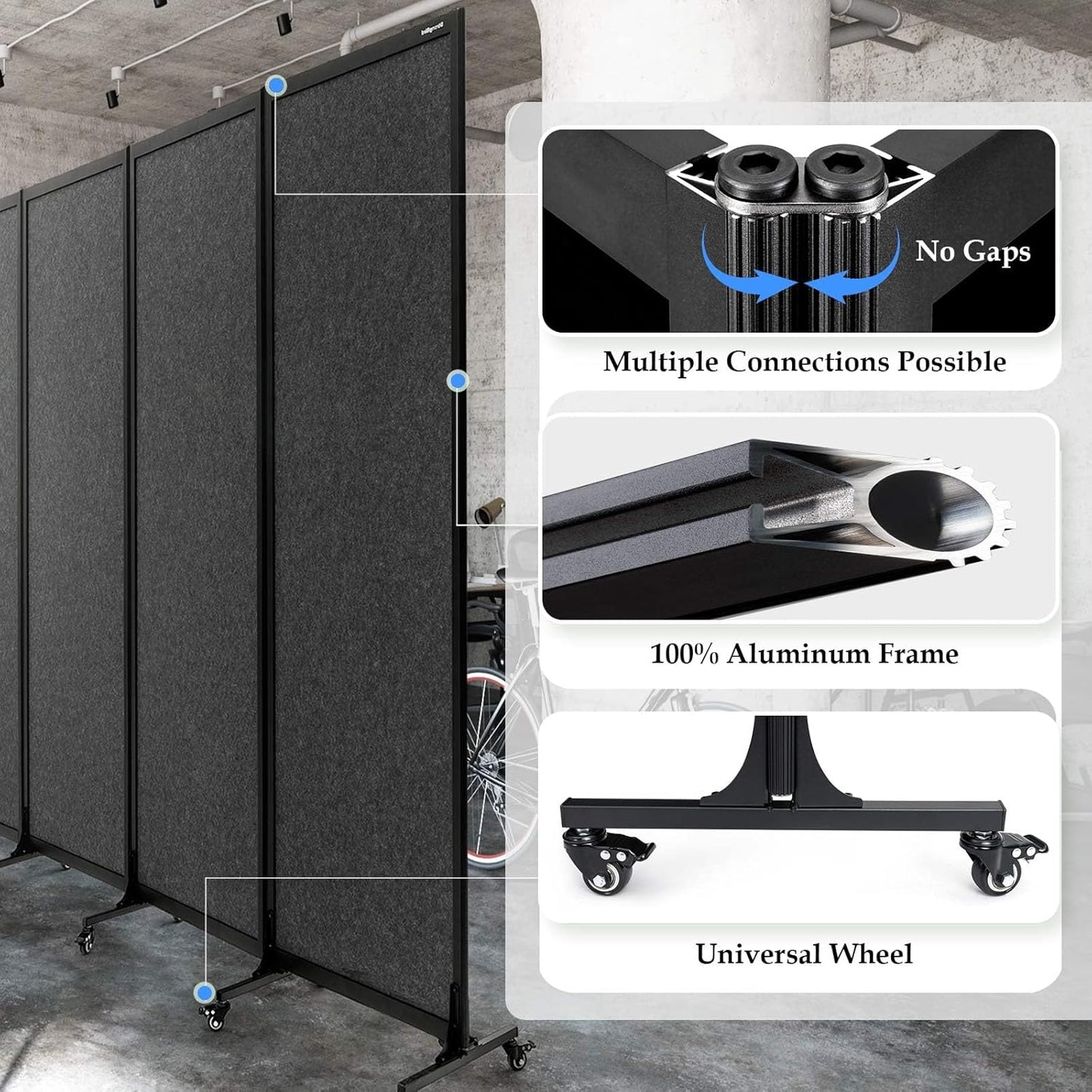 Upgrade Version Room Partition and Divider, Freestanding Rolling Dividers with Wheels,Office Privacy Screen Divider Wall,Classroom Felt Dividers,6'L* 6'7"H,3 Panel,Dark Grey