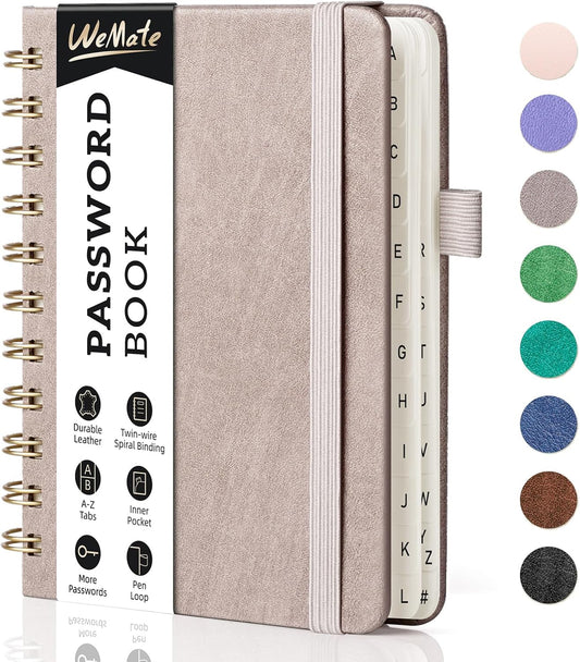 WEMATE Password Book with Alphabetical Tabs, Spiral Password Keeper Book for Seniors, Internet Password Notebook Password Journal Logbook Log in Detail, Small – 4.7''x 6'' (Dusty Rose)