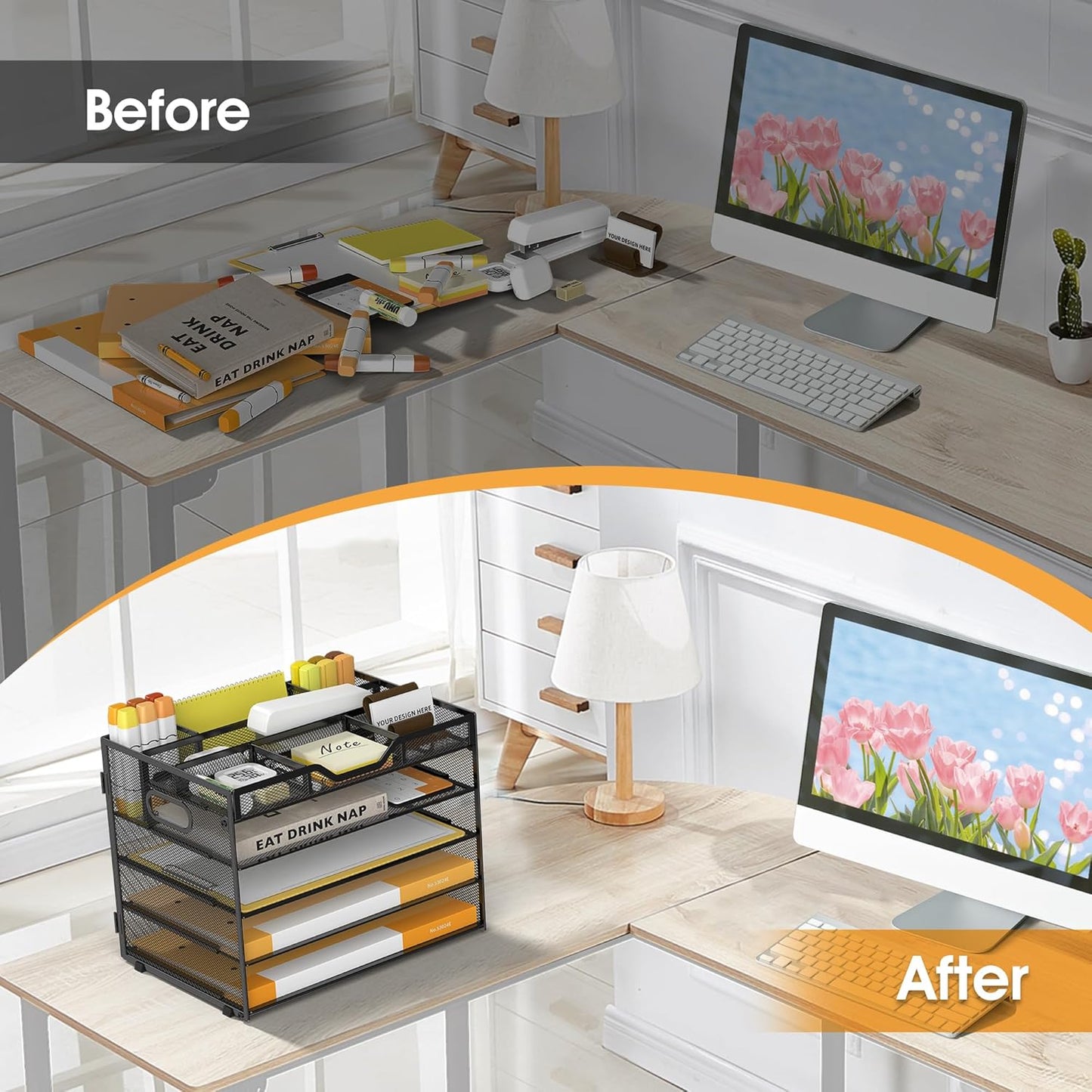 5 Tier Paper Letter Tray with 3 Drop-in Pen Holders, Mesh Desk File Organizer with Handle, Desk Organizers and Accessories for School,Home, Office Supplies Storage-Black