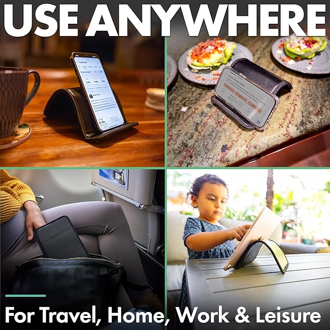 Folden Airplane Phone Holder, Flexible Cell Phone Holder, Folding Cellphone Stand for Desk, Bed, Office, Treadmill - Airplane Gadgets for Long Travel Accessories - Plane Essentials (Vegan Leather)