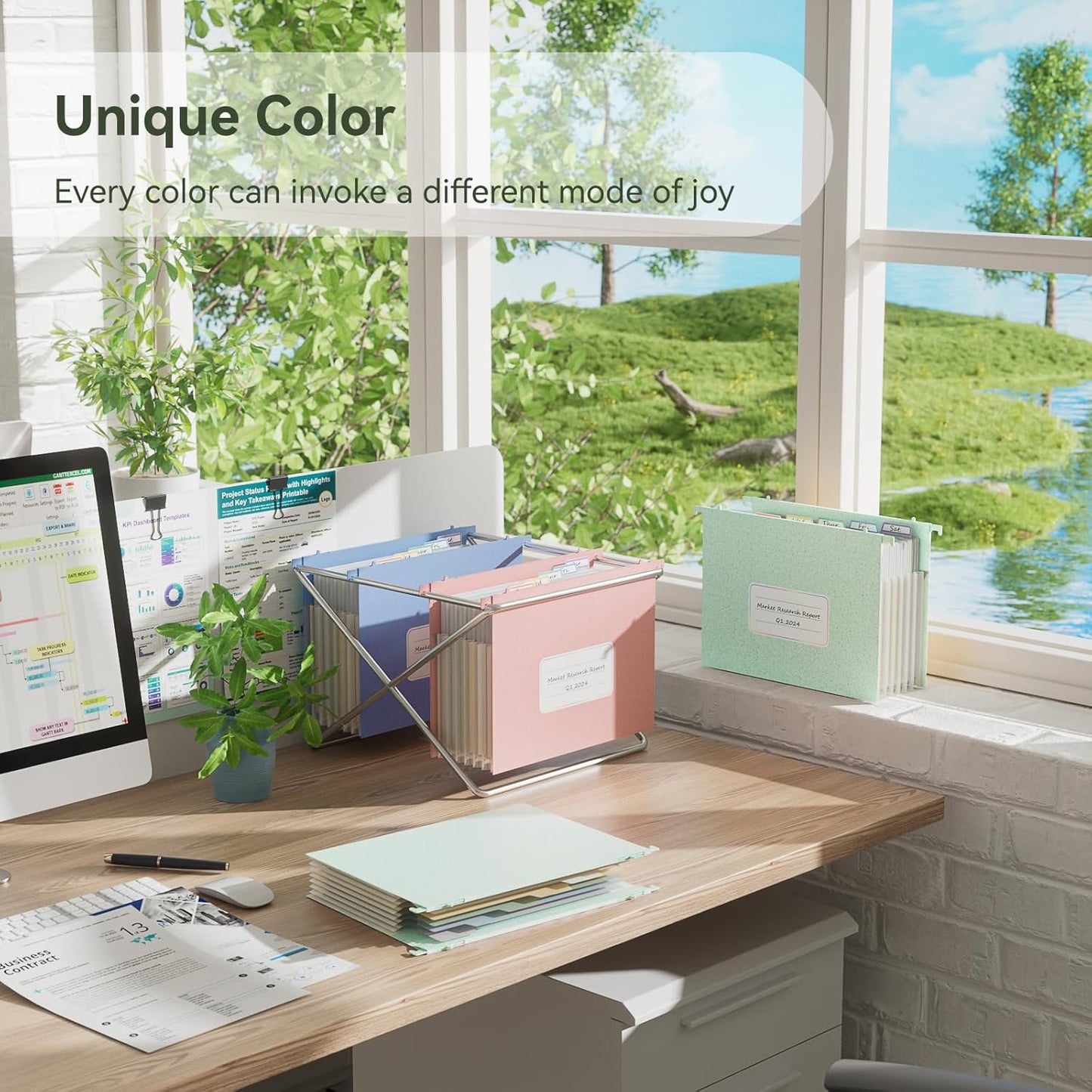 Wheat Straw Expanding Hanging File Folders, File Organizer, 1.2" Accordion Pockets, Large Capacity, Letter Size for Filing Cabinet, 100% BPA Free, Return to Nature, Healthy Living-UN Blue