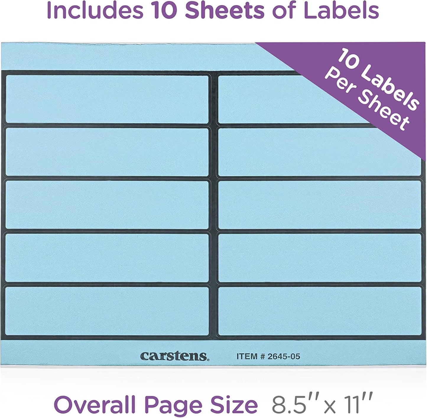 Carstens Adhesive Binder Labels, 5 3/8” x 1 3/8”, Stickers for 1.5” – 4” Ring Binder Spines, Inkjet and Laser Printer Compatible, Blue, 20 Sheets, 10 Labels Per Sheet