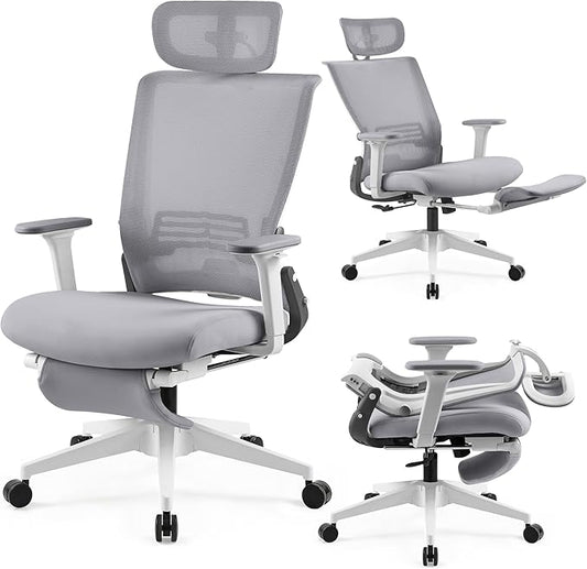 Foldable Office Chair with Foot Rest, Ergonomic Office Chair with Adjustable Lumbar Support, Headrest, Armrest, Home Office Desk Chairs for Space Saving, Grey