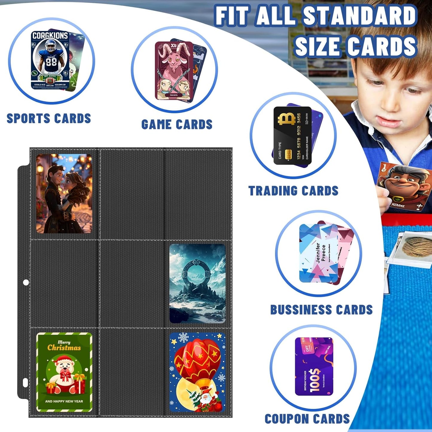 Trading Card Binder Sleeves, Baseball Holder Fit for Standard Size Sport Cards, 3 Ring Binder (Black)