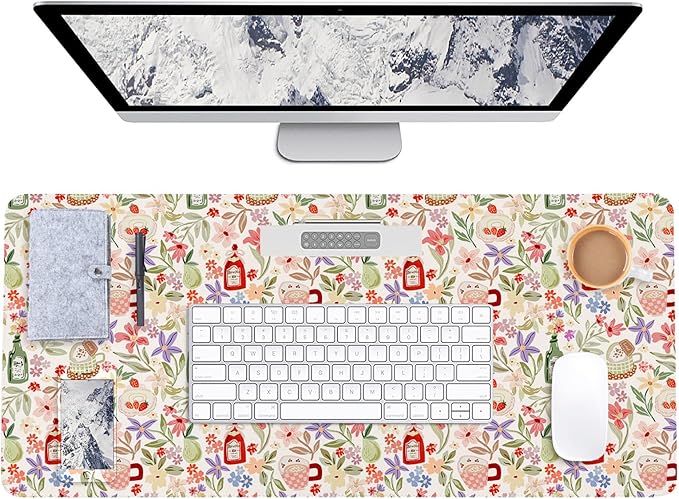 Botanical Floral Desk Pad Blotter,Large Mouse Pad 35 x 17in,PU Leather Desk Mat Writing Pad Protector, Non-Slip Waterprrof,Desktop Decor for Home Office Women Girls (Spring Blossoms)