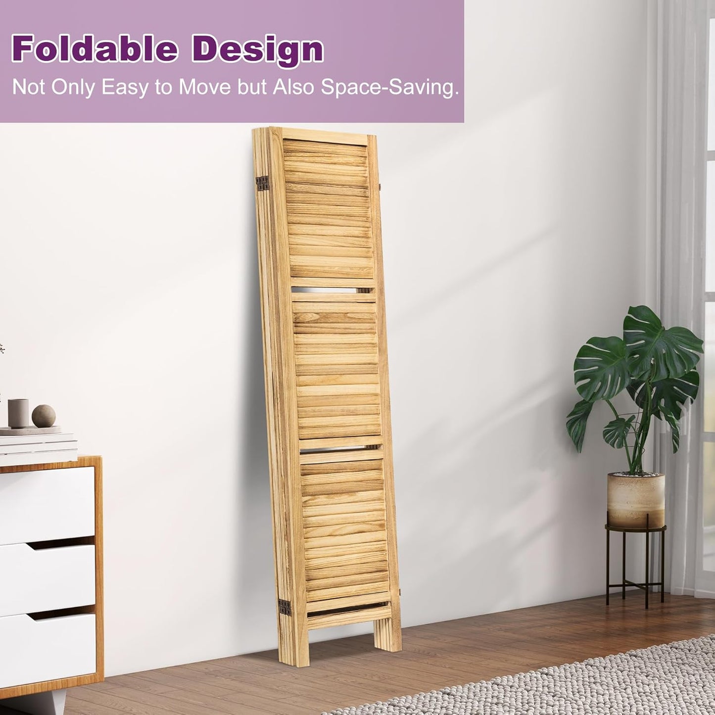 Room Divider with Shelves, 5.6FT Folding Room Divider Panel, 6 Panel Wood Partition Wall Divider for Room Separation, Natural Wood