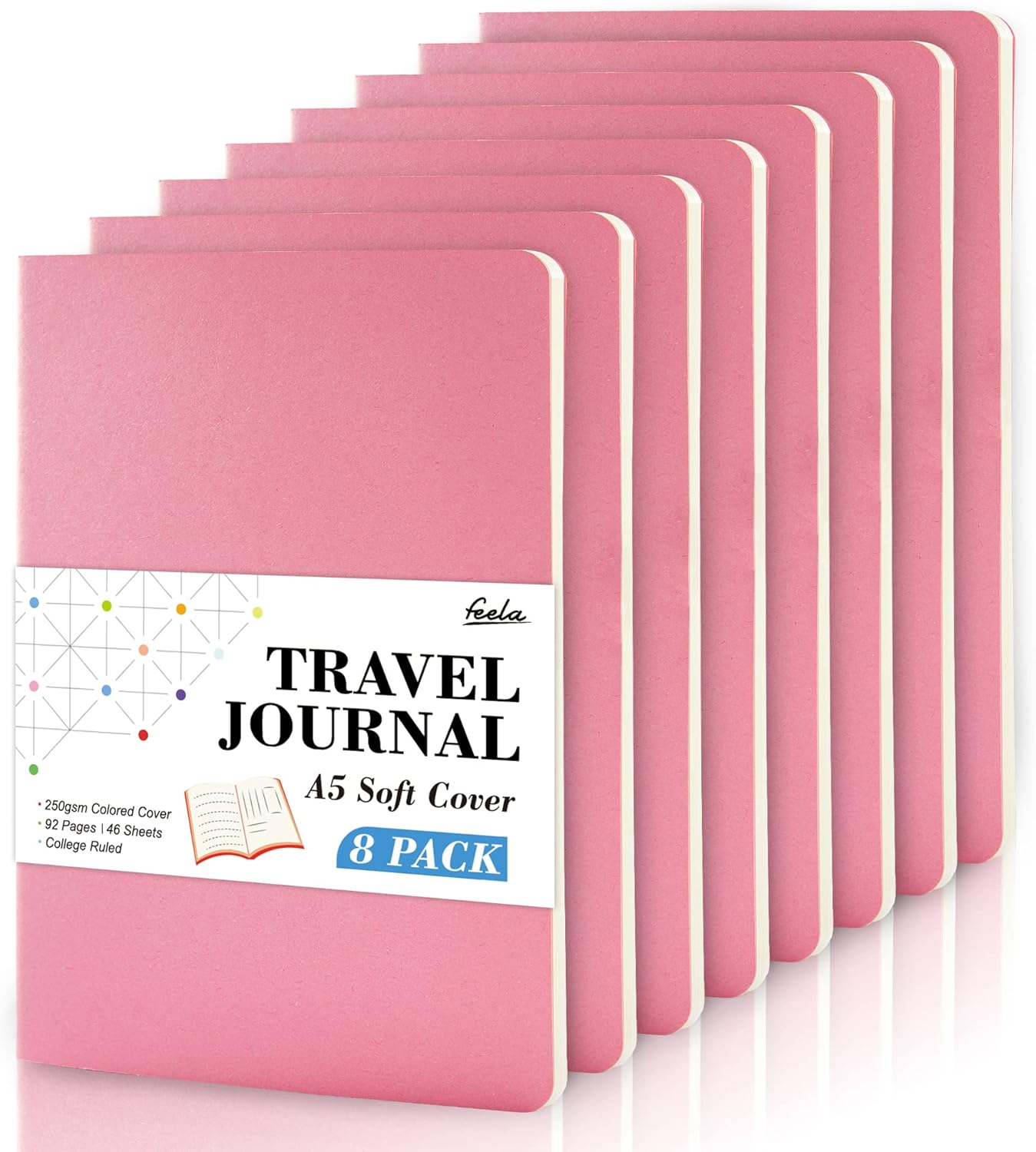 8 Pack Soft Cover Journal Bulk, Feela Notebooks College Ruled for Work, Lined Travel Journal for Women Men, Note Taking Notebook School Supplies Business Writing, 8.2” x 5.5”, A5, Pink