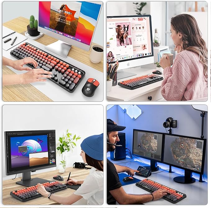 FOPETT Wireless Keyboard and Mouse Combo, 104 Keys Full-Sized 2.4 GHz Round Keycap Colorful Keyboards, USB Receiver Plug and Play, for Windows, Mac, PC, Laptop, Desktop (BlackOrange)