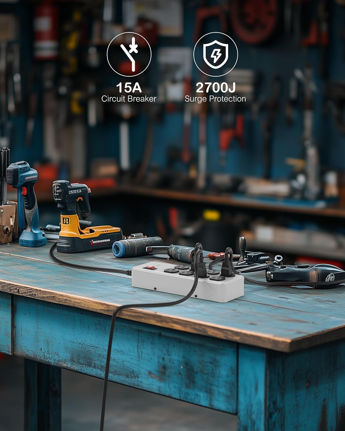 Heavy Duty Power Strip,Industrial Heavy Metal Case Surge Protector,8 AC Outlets,15Amp,2700 Joules,Protected' Indicator,14 Gauge Cord (Grey, 15FT Length)