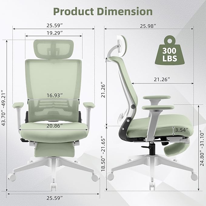 Foldable Office Chair with Foot Rest, Ergonomic Office Chair with Adjustable Lumbar Support, Headrest, Armrest, Home Office Desk Chair for Space Saving, Work from Home, Green