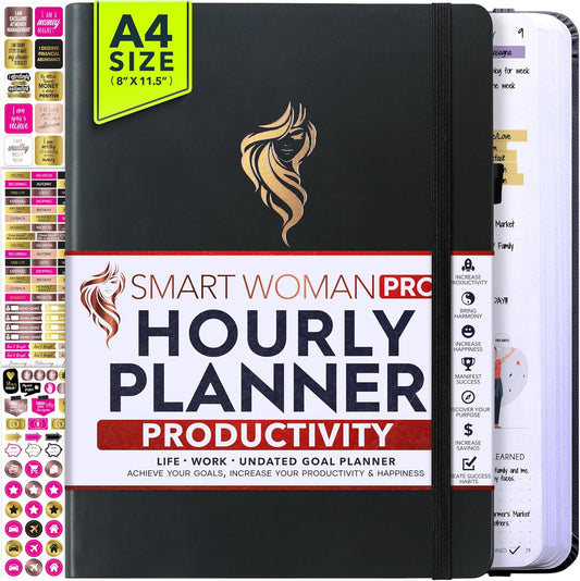 Hourly Planner - Undated Daily, Weekly & Monthly Planner with Budget Section | A 12 Month Journey to Increase Productivity & Happiness | Life Organizer & Gratitude Journal - Vertical Format