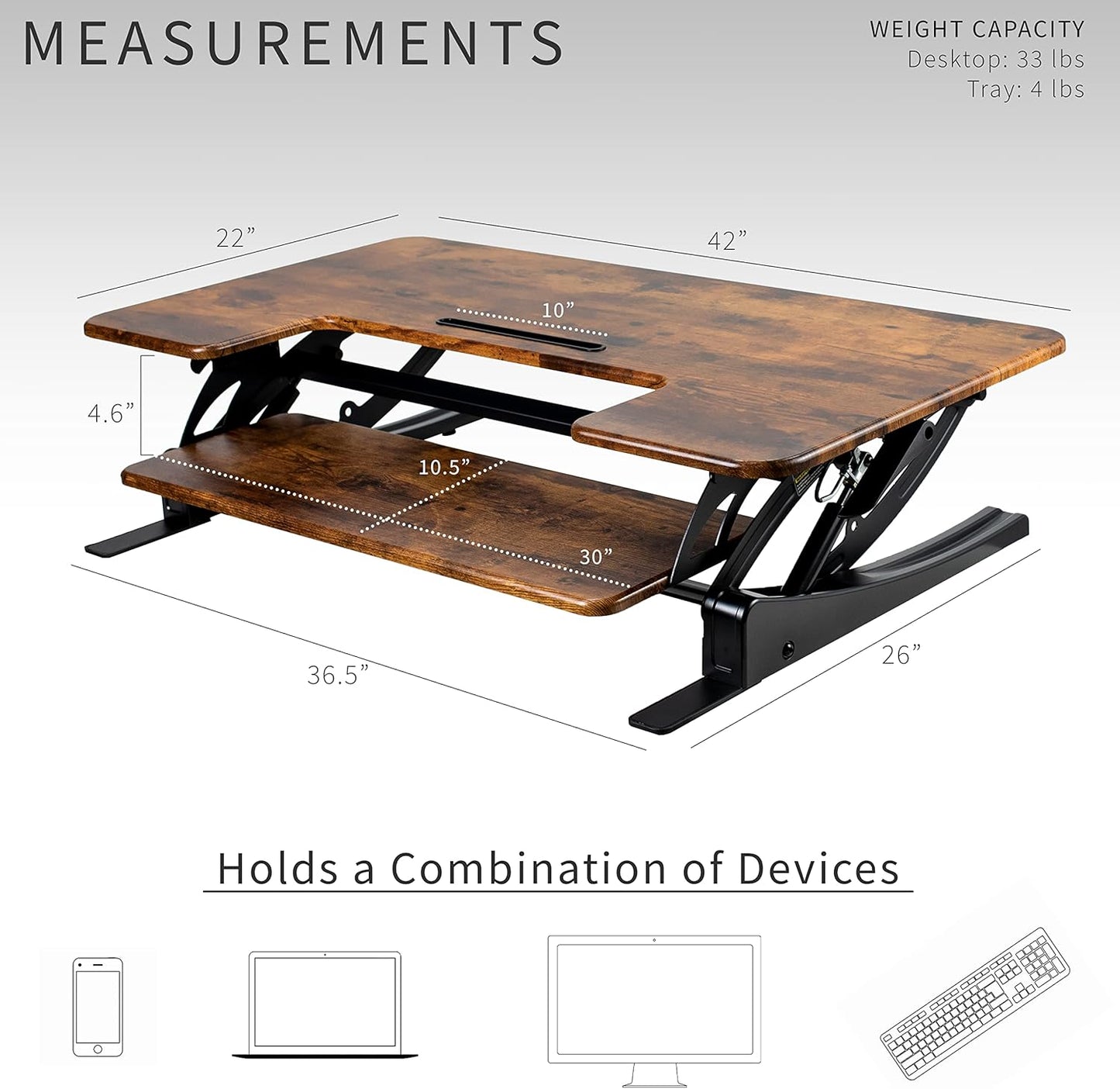 VIVO 42 inch Height Adjustable Stand Up Desk Converter, V Series, Quick Sit to Stand Tabletop Dual Monitor Riser Workstation, Rustic Vintage Brown Top, Black Frame, DESK-V000VLN
