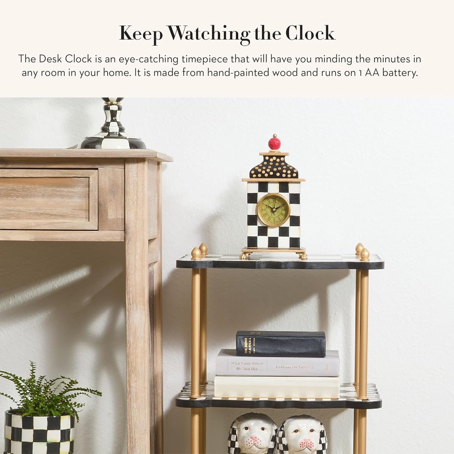 MACKENZIE-CHILDS Desk Clock, Decorative Wood Clock for Kitchen and Living Room, Black-and-White Courtly Check