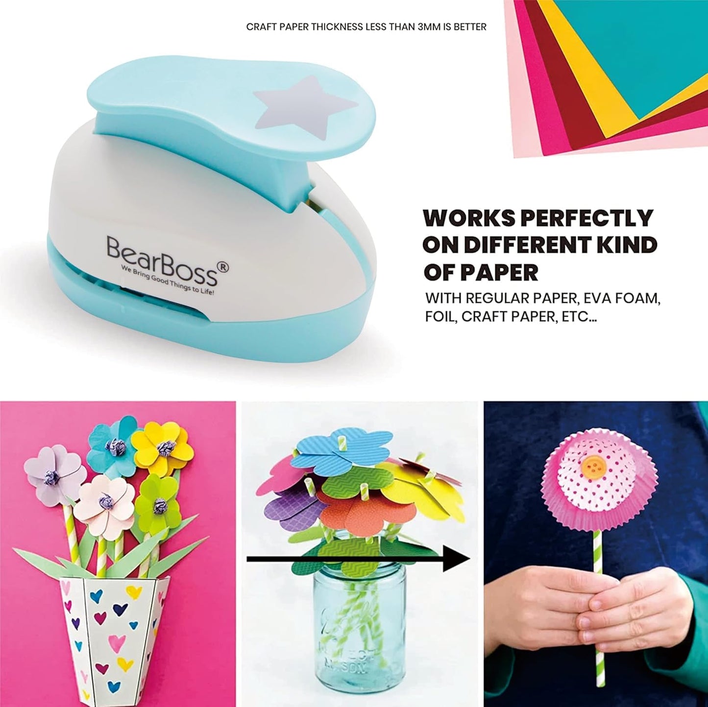 BearBoss Star Paper Punch, Handmade Scrapbook Paper Puncher, Different Size of Scrapbooking Punches Crafting Designs for Office Supplies, Card Making, DIY Albums Photos, Classic White