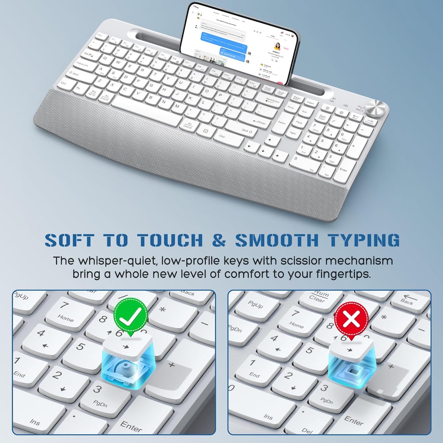 JOYACCESS Ergonomic Wireless Keyboard, 2.4GHz Cordless USB Full-Size Keyboard with Wrist Rest, Quiet Design & Numeric Keypad, Phone Holder for Desktop, Laptop, PC, Mac, Windows -Silver White