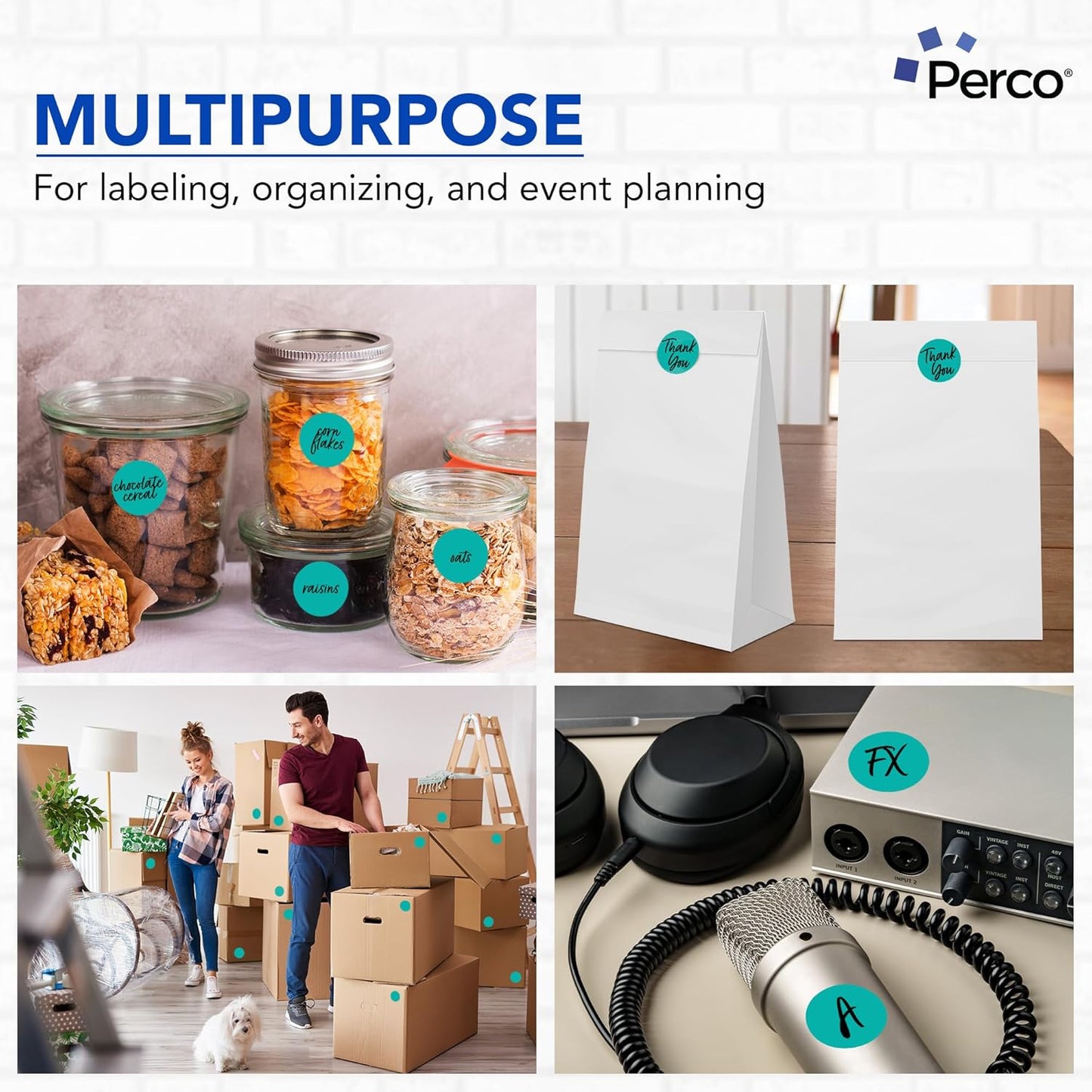 Perco Teal 2-Inch Round Circle Dot Sticker Labels - Multi-Roll Pack (3 Rolls, 500 Labels Each) - Permanent Adhesive, Vibrant Colors, Strong Hold - Perforated for Easy Use - Made in USA