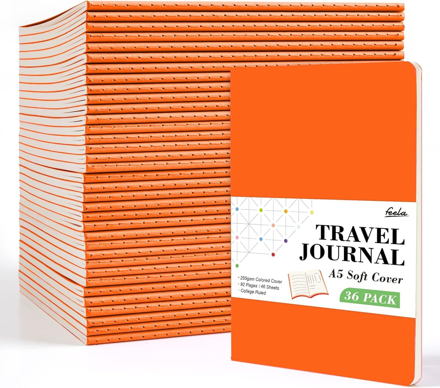 feela 36 Pack Soft Cover Journal Bulk, Lined Blank Travel Journal for Women Men Writing, Notebooks College Ruled for Work, Note Taking Notebook School Business Supplies, 8.2” x 5.5”, A5, Orange