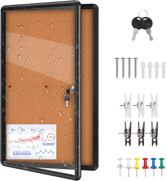 36"x24" Enclosed Cork Bulletin Board Tamper-Proof Dispaly Case,Brown Fabric&Black Aluminium Frame,Shatter Resistant Lockable Bulletin Board with Clear Acrylic Door for School,Office,Community,Hospital