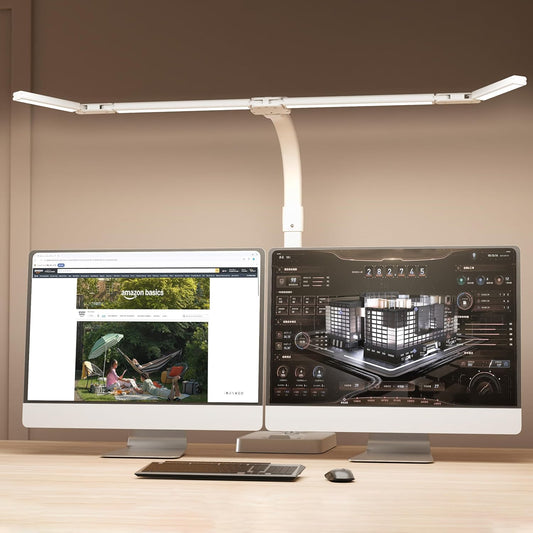 LED Desk Lamp for Home Office - 24W Bright Double Head Desk Light with Clamp Eye Caring Architect Task Light 25 Lighting Modes Adjustable Flexible Gooseneck Lamp (All White)
