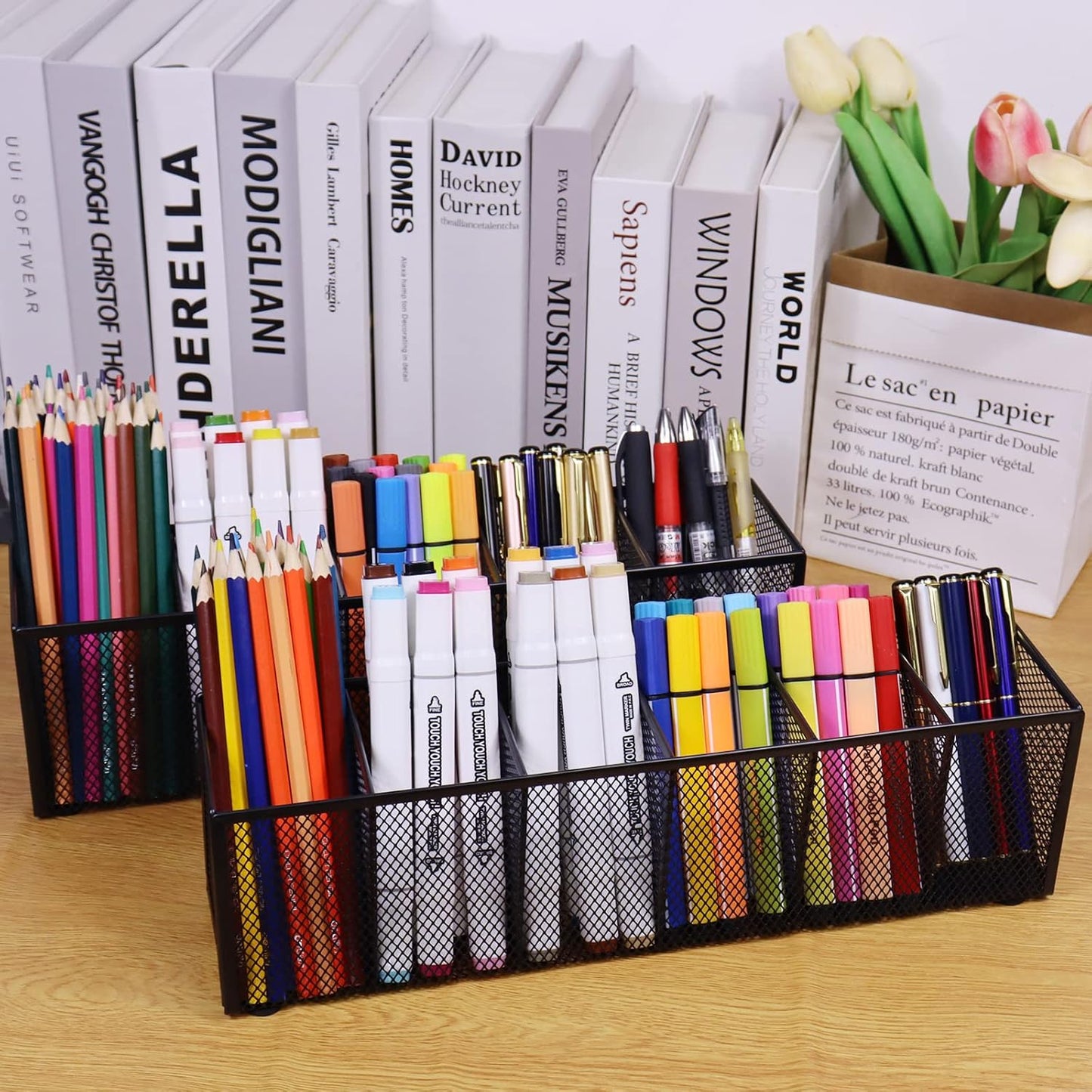 Black Mesh Pen Pencil Holder, Small Metal Desk Organizer Desktop Stationery Office Supplies Acessories Storage Stand, 6 Compartments Brushes Holder for Home School Classroom Teachers