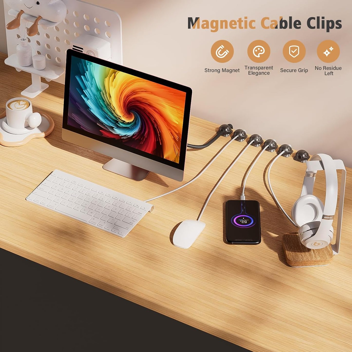 Cord Holder Organizer 6 Pack, [1-Handed-Operation] Magnetic Cable Clips, Phone Cord Clips Holder with 2 Extra Reusable Strong Adhesive for Nightstand Desk Car Workspace Office Accessories, Clear Black