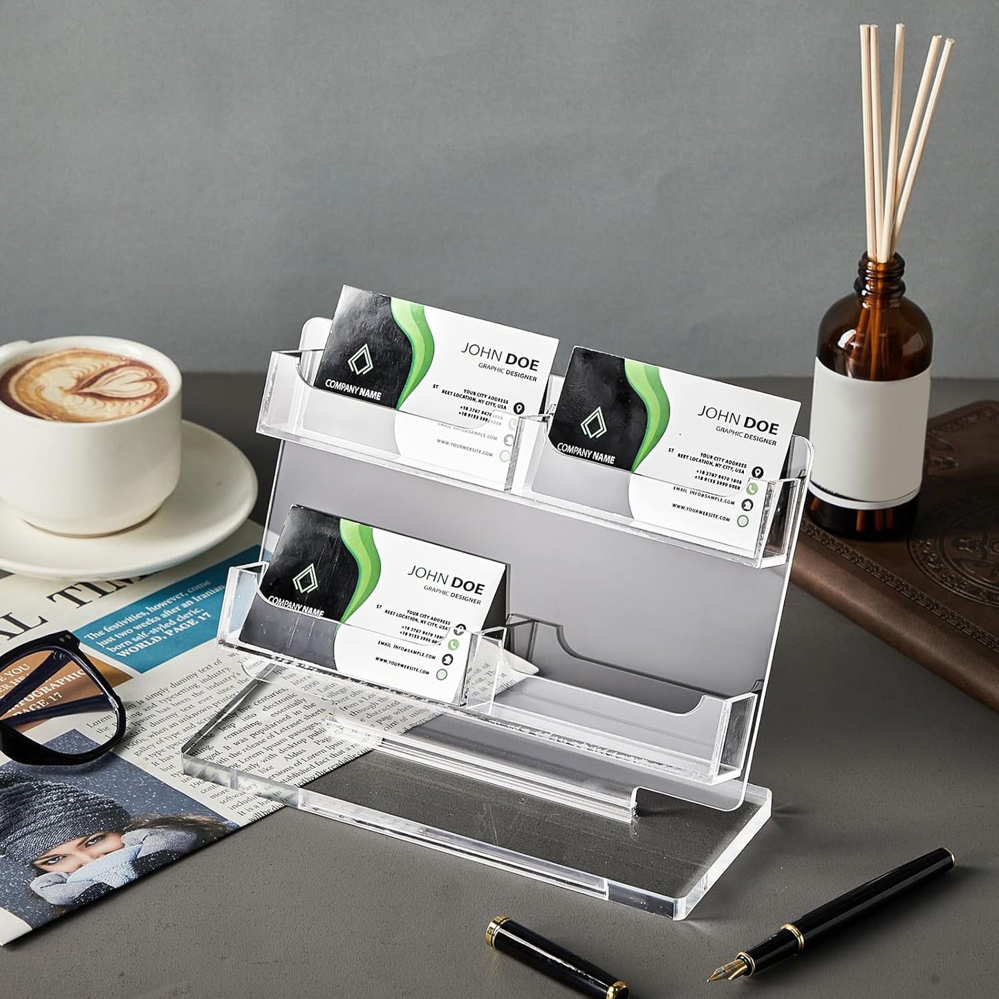 Business Card Holder for Desk 4 Slots Freestanding Acrylic Business Card Holder Display Stand Multiple Organizer for Office Meeting Exhibition Home