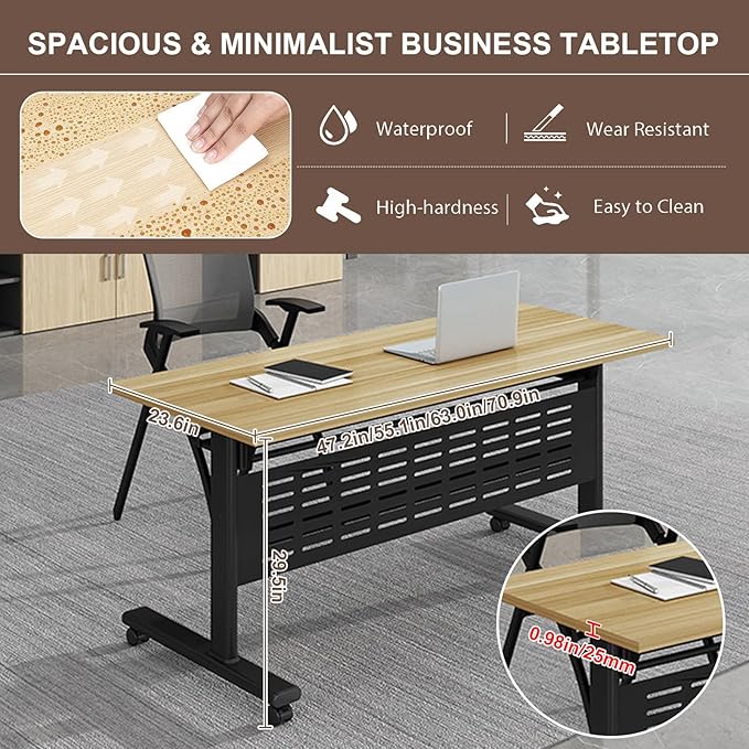 Folding Conference Room Table, Modern Conference Tables with Wheels, Large Rectangular Mobile Training Tables for Office Classroom, Foldable Modular Boardroom Seminar Table Maple (2pack L47.2in)