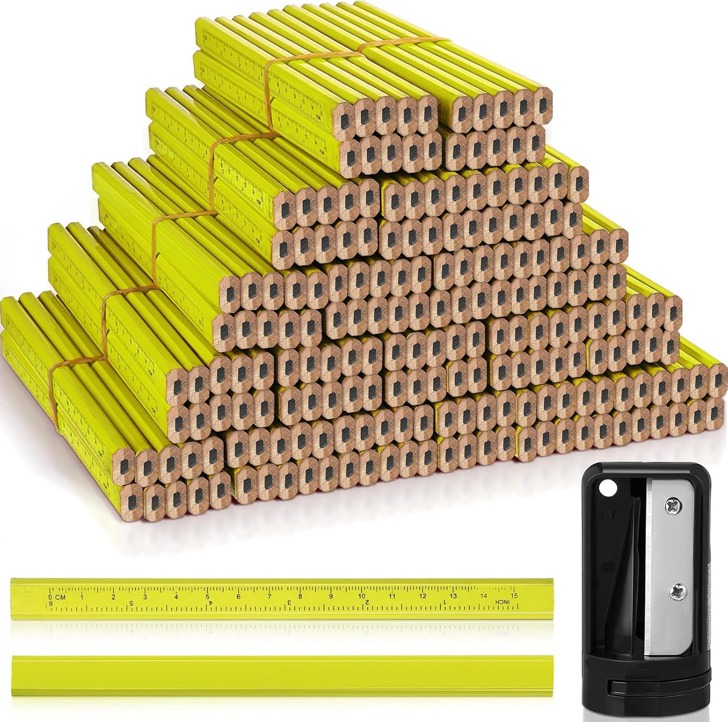 Honoson 200 Pcs Flat Construction Pencils with Printed Ruler Wood Graphite 2 Pcs Carpenter Pencil Sharpener for Woodworking Marking Tool(Yellow)