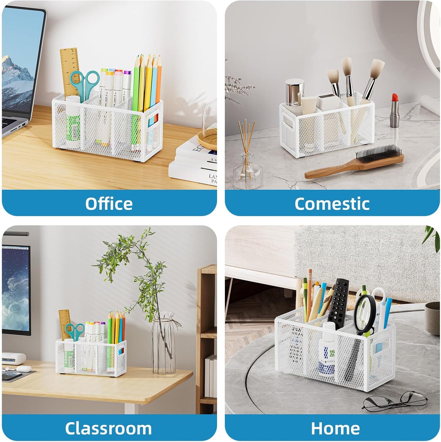 Marbrasse Mesh Pen Holder for Desk,Pencil Holder Desk Organizer 3 Adjustable Compartments,Pencil Cup with Handle Perfect for Classroom, Office, Home,Makeup,Art (White)