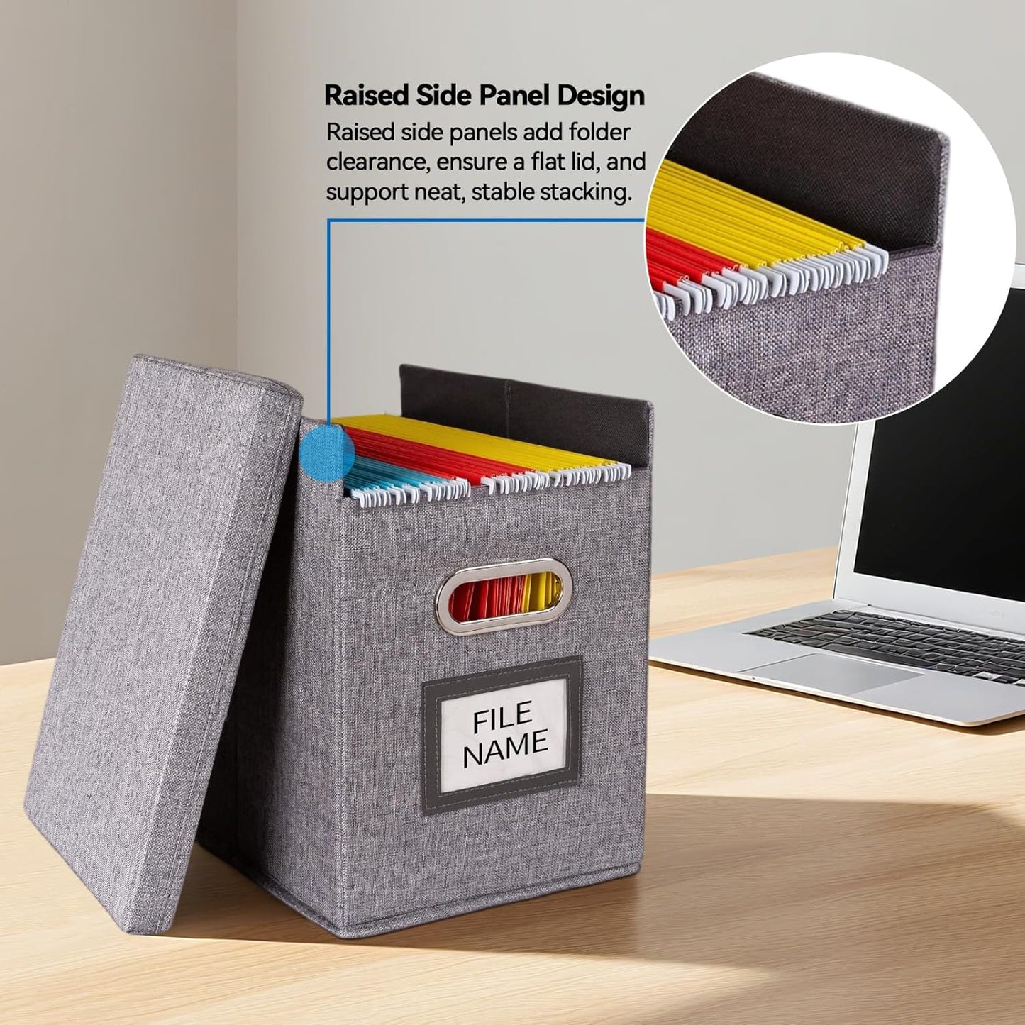 4 Pack Hanging File Folders Organizer with Lid, Letter Size Fabric File Storage Box Collapsible, Portable Office Document Holder with Metal Handle, Smooth PVC Rails, Gray