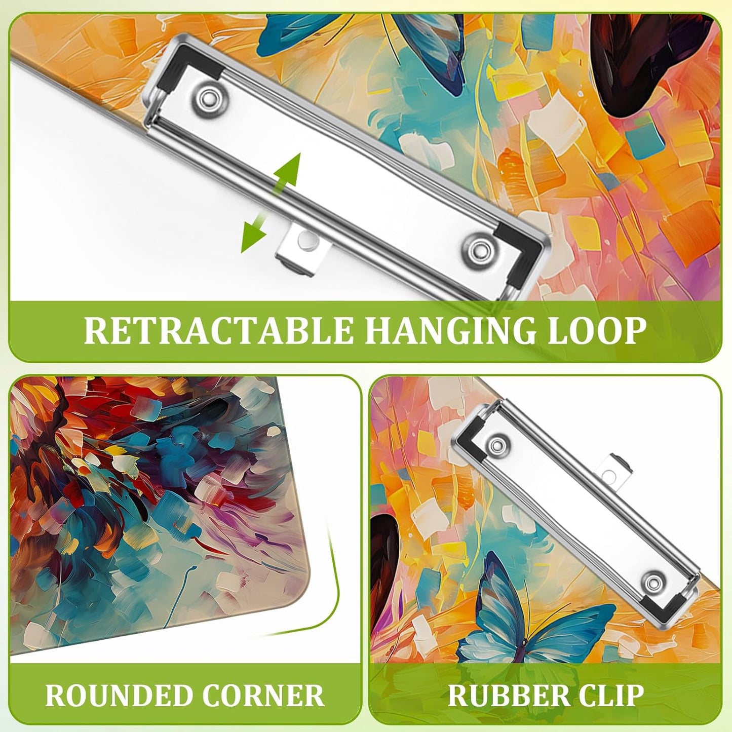 Butterfly Clipboard,Decorative Acrylic Clipboard with Low Profile Metal Clip for Office,School,Teachers,Students Standard Letter Size 9x12.5