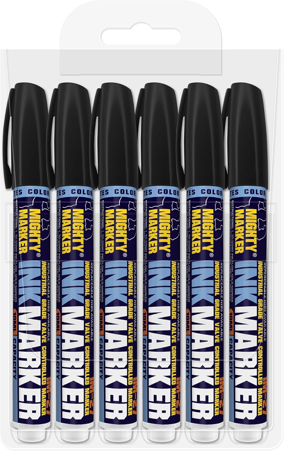 IM-27 Ink Marker, 2.3mm Medium Tip, Alcohol-Based Quick-Dry Permanent Ink, Waterproof, Safe for Most Surfaces, Clip Cap, 6 Bonus Tips, Valve Action, 10ml, 6 Pack (Black)