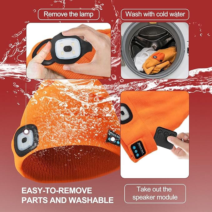 Gifts for Men, Rechargeable Bluetooth Music Unisex Beanie Hat with Light, Stocking Stuffers for Women, Birthday Gifts for Men, for Him, Orange
