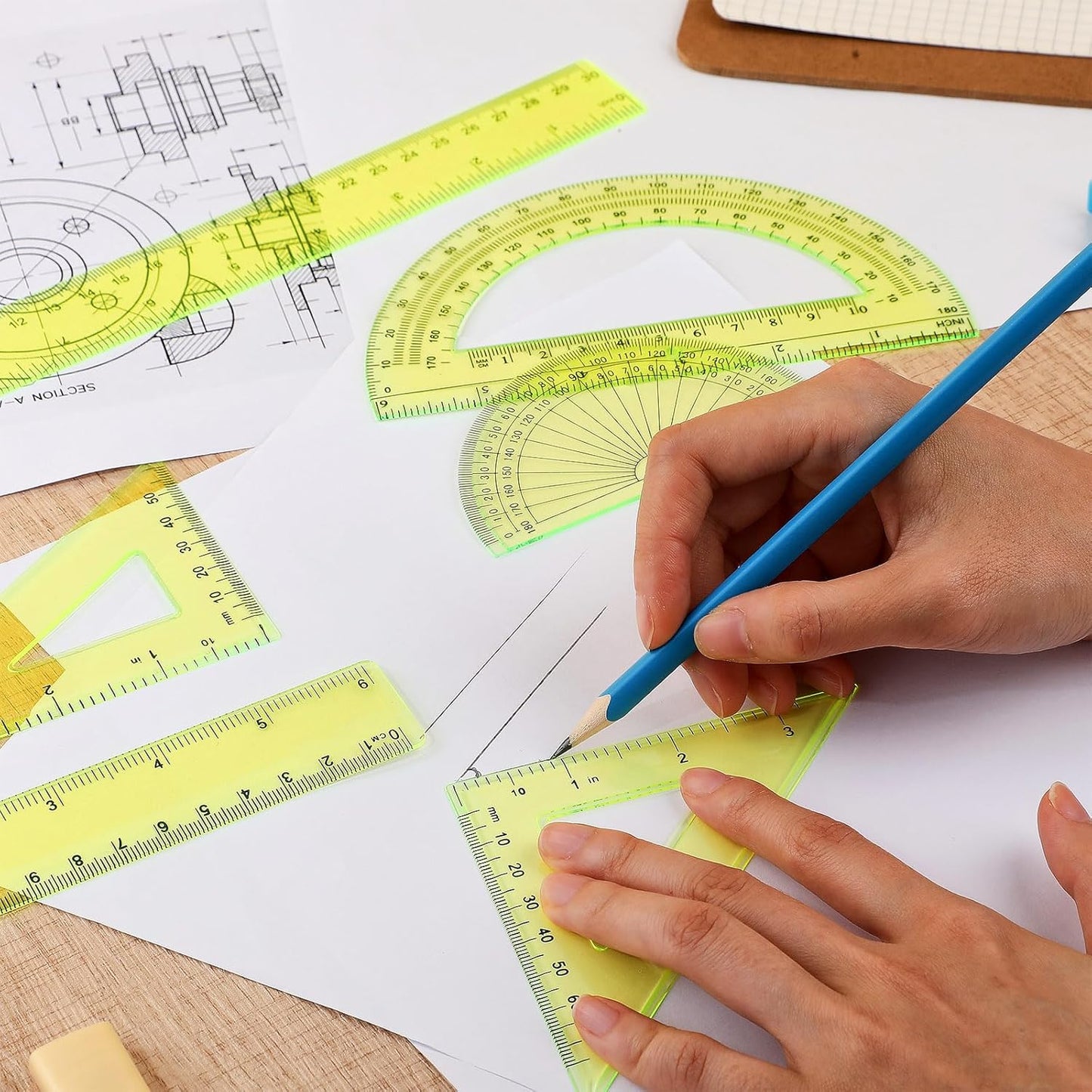 Zonon 1 Set Plastic Geometry Math Set Includes Drawing Compass, 6 Inch 4 Inch Protractor, 45/60 Degree Triangle Rulers 12 Inch 6 Inch Math Ruler Transparent for Office Supplies(Yellow)