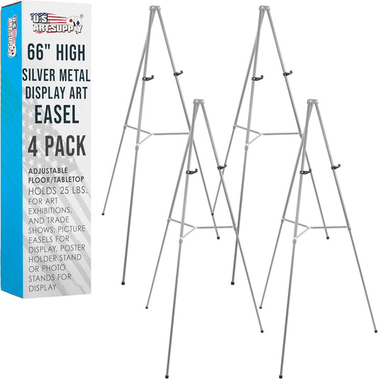 U.S. Art Supply 66" High Gallery Silver Aluminum Display Easel and Presentation Stand (Pack of 4) - Large Adjustable Height Portable Floor and Tabletop Tripod, Holds 25 lbs, Paintings, Signs, Posters