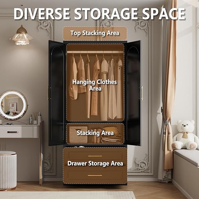 Metal Armoire Wardrobe Closet with Two Drawers, 71" Tall Large Wardrobe Cabinet with Hanging Rod, Clothing Storage Cabinet with Doors and Shelves for Bedroom, Black, Assemble Required