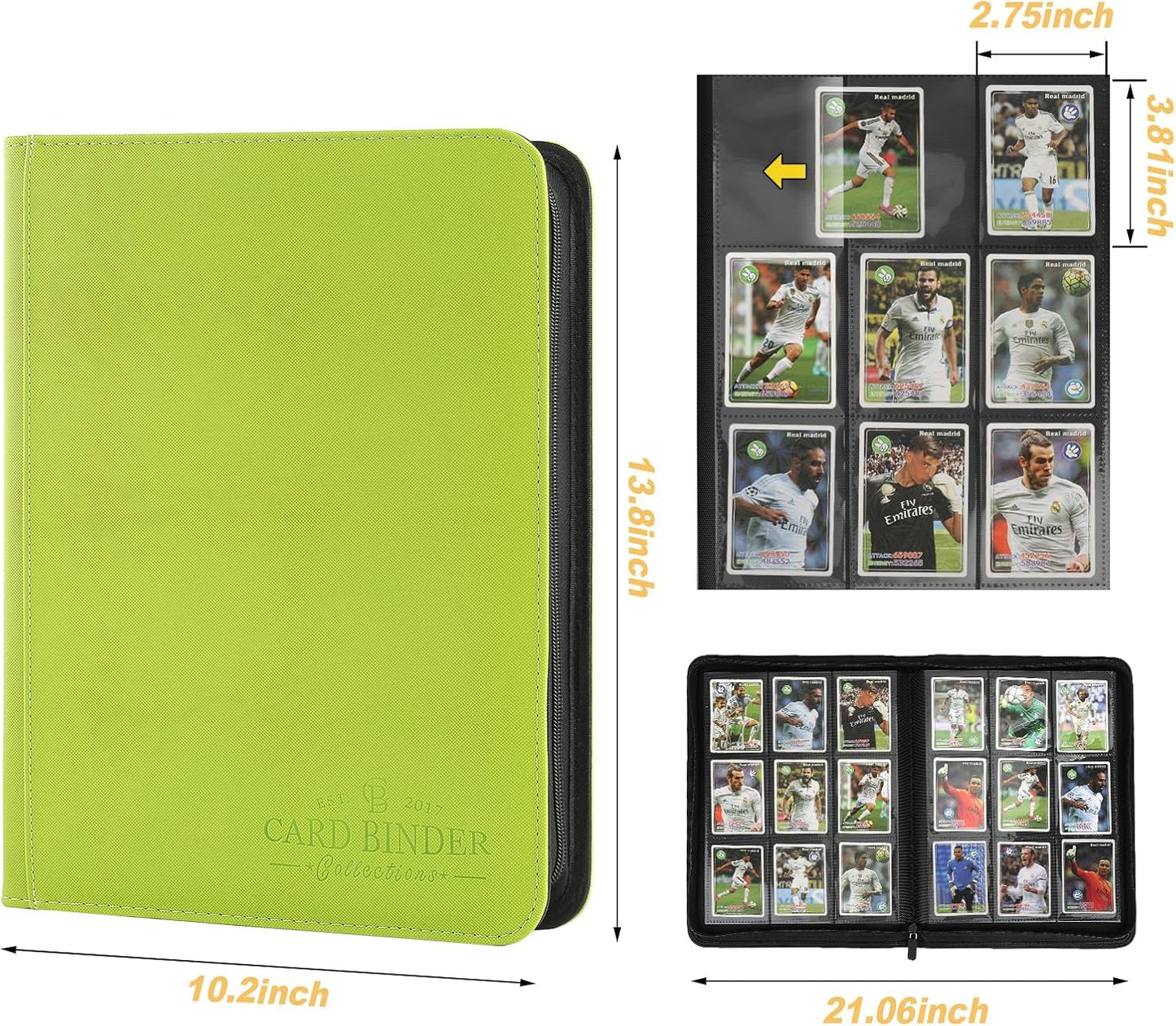 9 Pockets Card Binder,Premium Zip Trading Card Binder,540 Double Sided Pocket PU Collection Binder, Collector Album, Card Folder for MTG, TCG, Business Cards.(Grass Green)