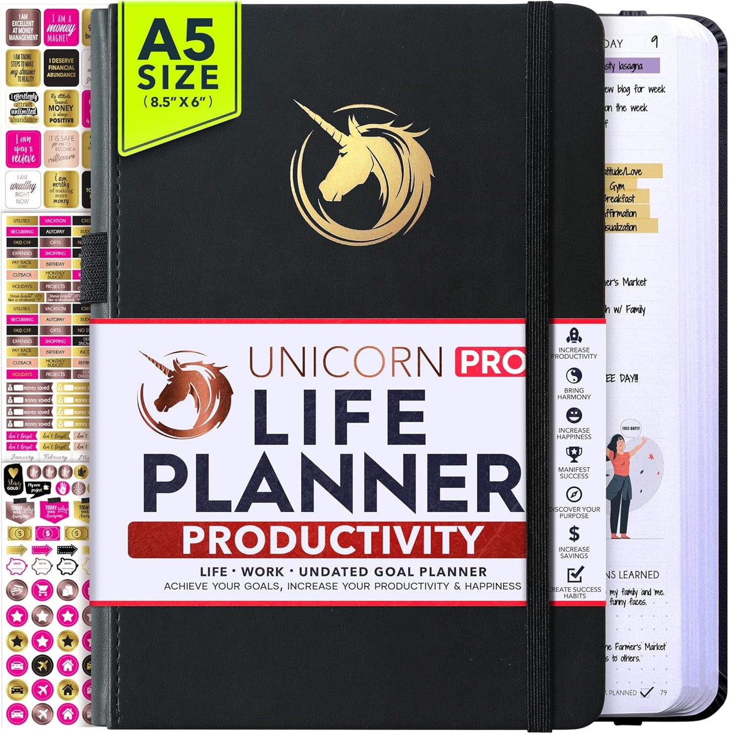 Life Planner - Undated Daily, Weekly & Monthly Planner with Budget Section | A 12 Month Journey to Increase Productivity & Happiness | Life Organizer & Gratitude Journal - Horizontal Format