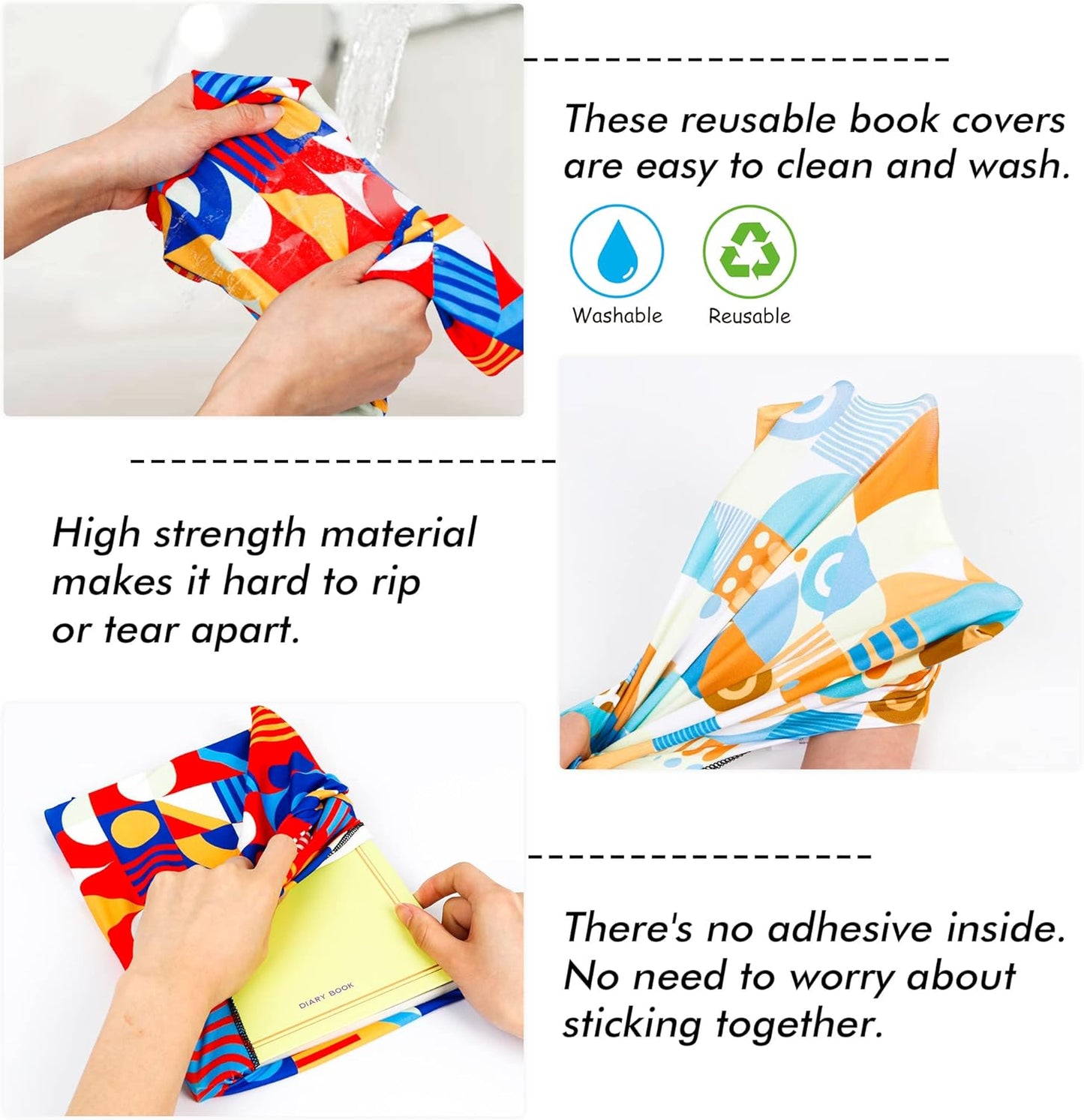 Geometric Pattern Book Covers, Feela 7 Pack Stretchable Jumbo Fabric Washable Durable Reusable Nylon Book Covers, for Hardcover Textbooks Notebooks up to 9”x11”