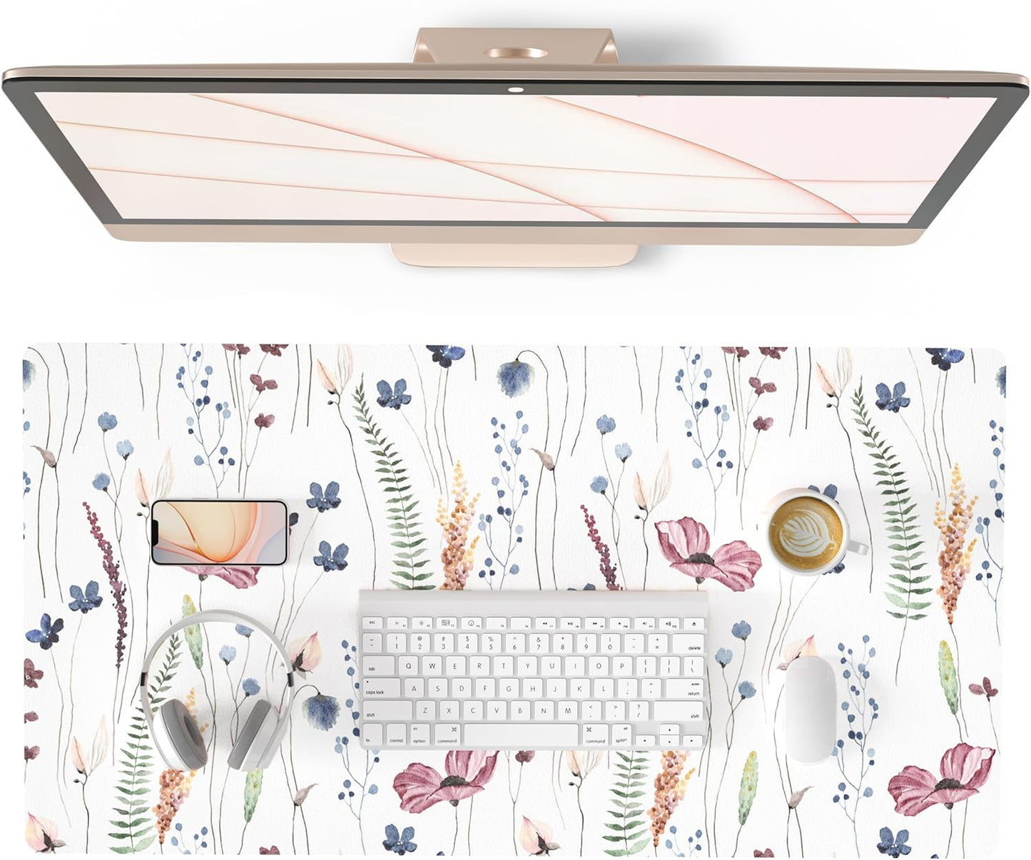 QiyI Large Mouse Pad, Cute Flower Desk Mat for Desktop, Women Girls Floral Office Décor Accessories, PU Leather Waterproof Big Gaming Mousepad, Wildflowers Desk Pad Computer Mat, 31.5" x 15.7"