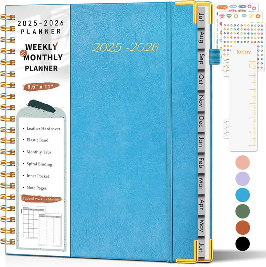 Academic Planner 2025-2026, Weekly and Monthly Calendar Planner from July 2025 - June 2026, 8.5" x 11" Hardcover Leather Hourly Appointment Book with Tabs, Spiral Daily Planners for College School Teacher Student, Sky Blue