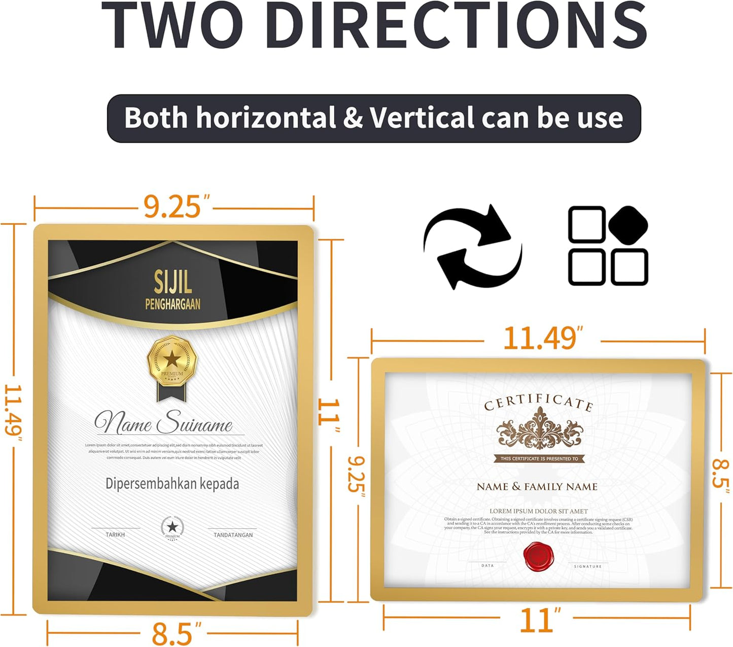 2 Pack 8.5"x11" Sign Holder Wall-mounted, Self-Adhesive Display Frame for College Certificate/Poster/Paper/Picture Office/Store/School Display Sign Holder with Horizontal and Vertical (Gold)