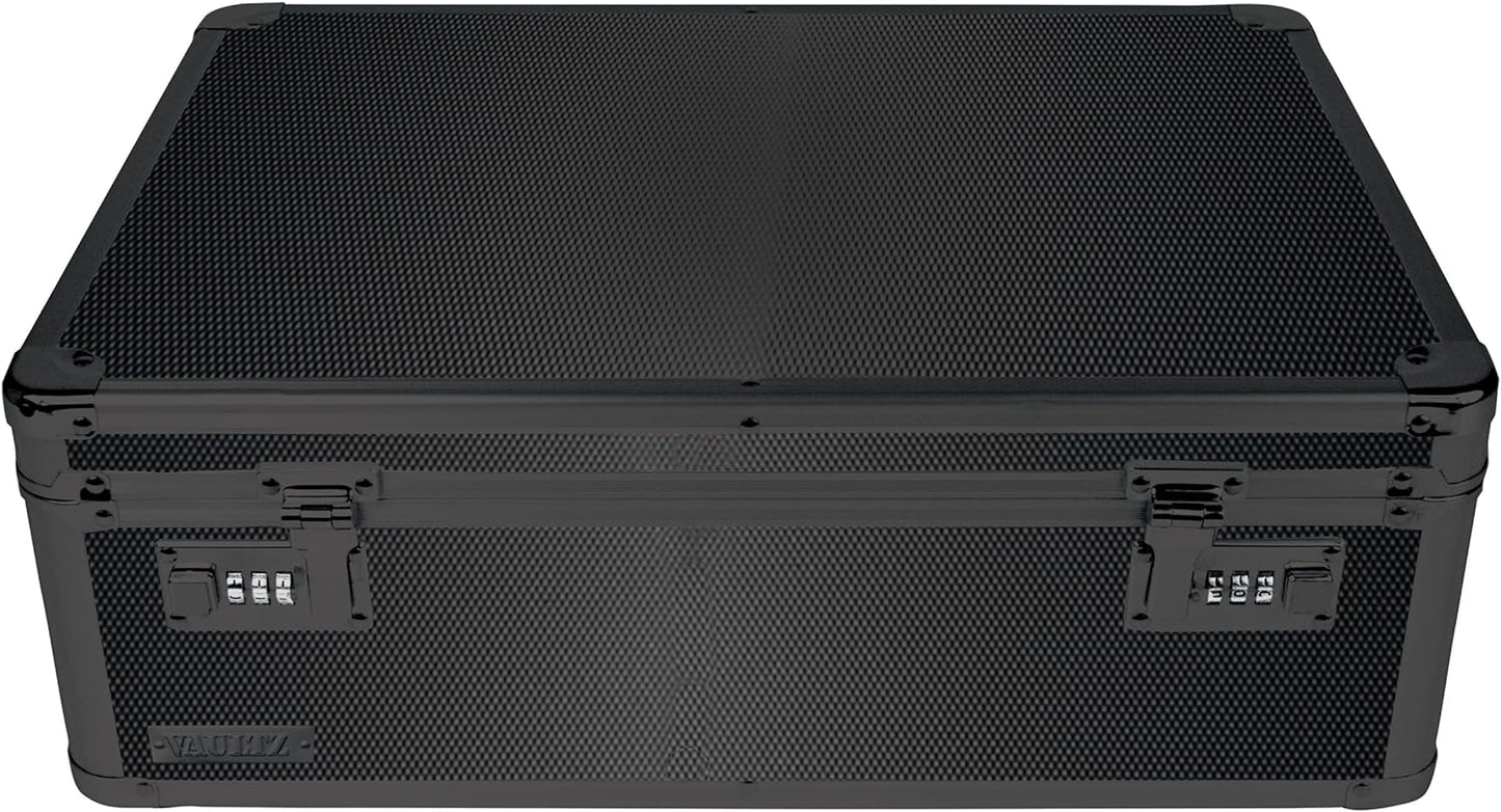 Vaultz Storage Lock Box - 6.5 x 19.25 x 13.5 Inch Lockable Dorm Storage Trunk with Combination Lock - Briefcase, Medicine Box, Lock Boxes for Personal Items, Cash, Laptop - Black on Black