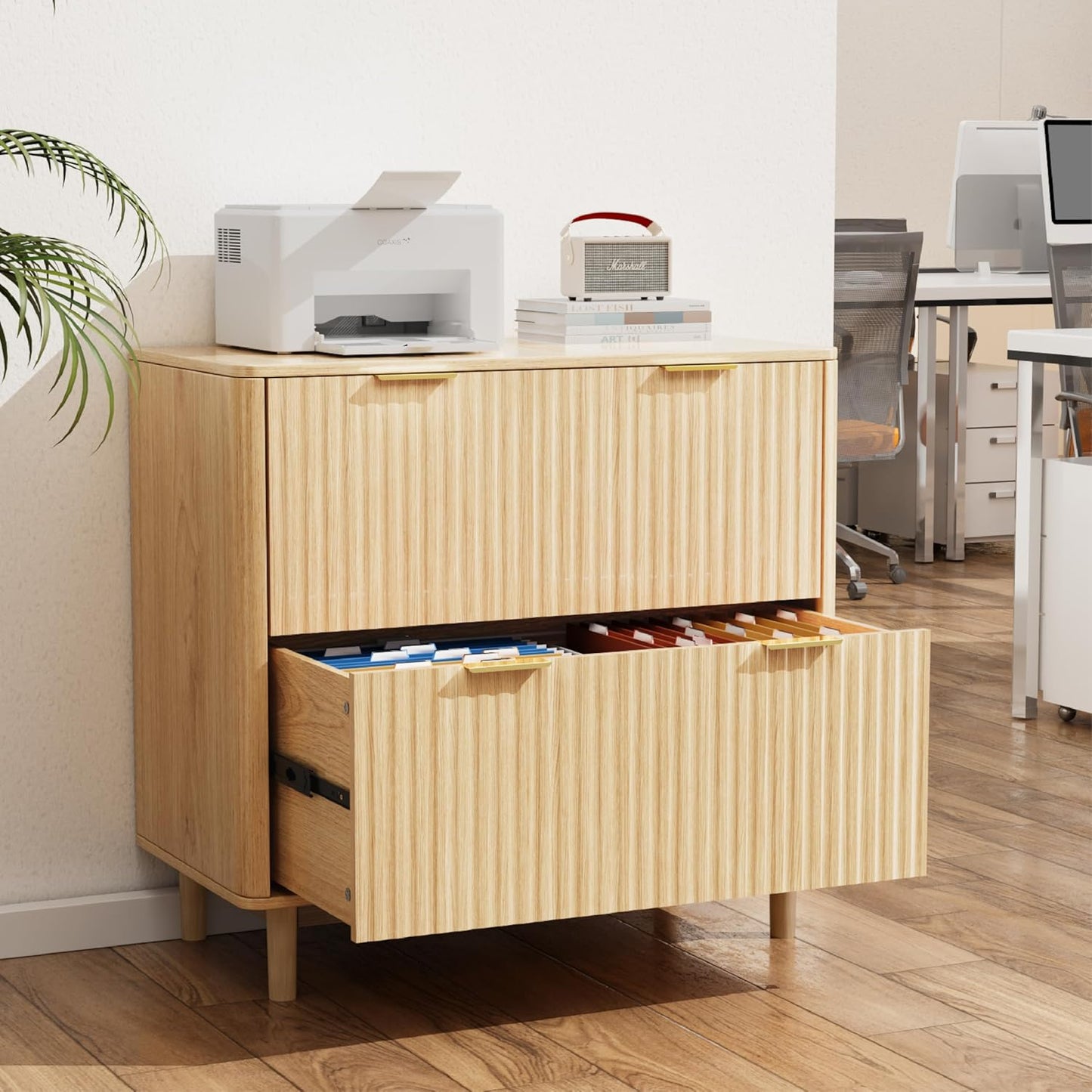 VINGLI 2 Drawer File Cabinet, Home Office Filing Organizer, for Letter Legal A4 Size File Folder Storage, Modern Style Fluted Design, Wood Lateral Filing Cabinet, Printer Stand, Archivador (Oak)