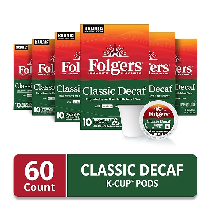 Folgers Classic Decaf Coffee, Keurig K-Cup Pods, 10 Count Box (Pack of 6)
