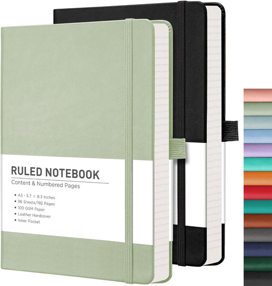 RETTACY Lined Journal Notebook, 2-Pack, 192 Numbered Pages per Pack, A5 Medium Size (5.7'' x 8.3''), for Men & Women, Writing, Work, Leather Hardcover, 100 GSM Thick Paper (Black & Light Green)