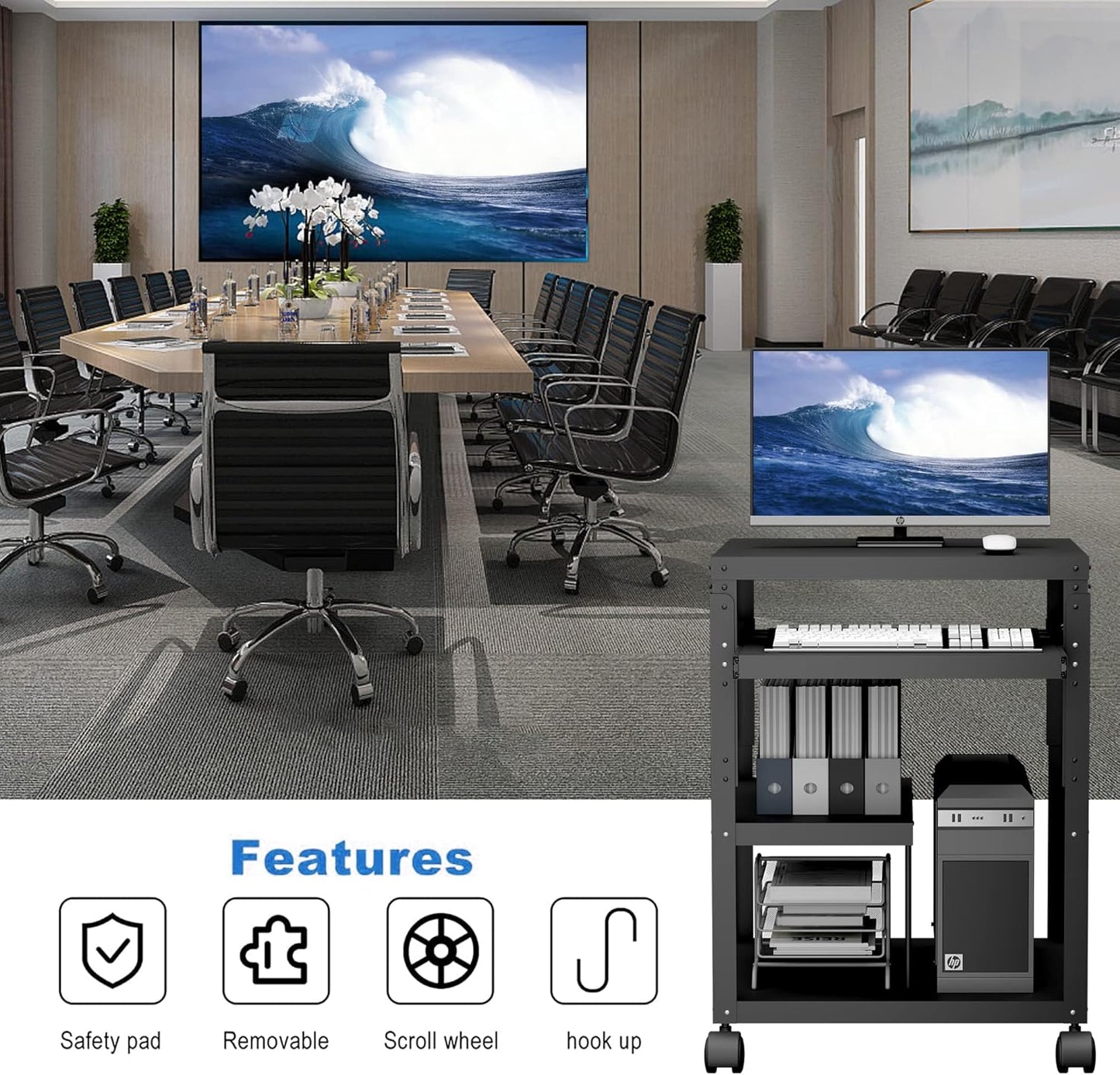 tonchean AV Presentation Cart with Keyboard Tray, Heavy Duty Mobile Workstation Presentation Cart for Video Projector, Laptop Computer, Media Cart for School Classroom Office（Black）