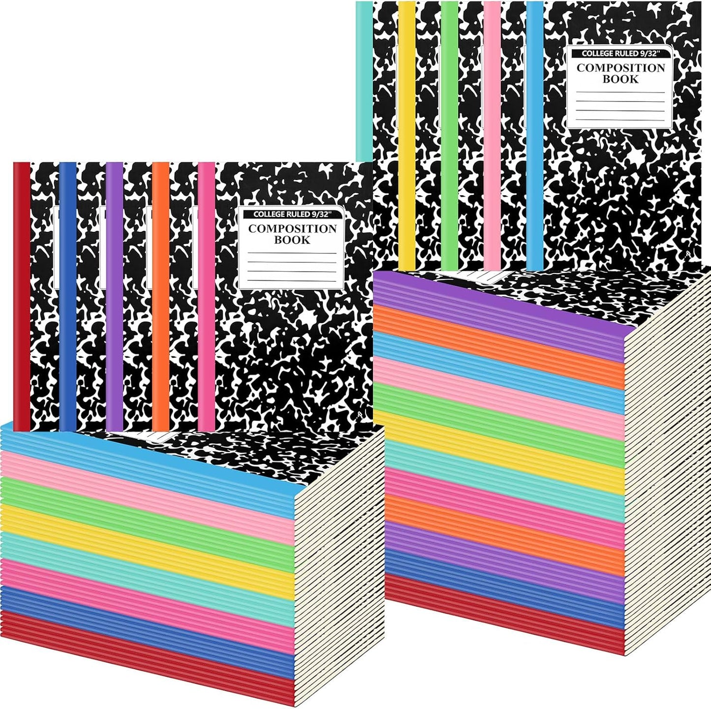 Fainne 100 Pack A5 Composition Notebooks Bulk College Ruled Composition Notebooks Marble Covers Notebook for Student Classroom Office Supplies 30 Sheet/60 Page(Multicolor Spine)